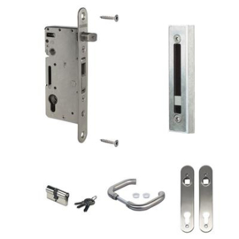 Insteek slotset (HWOOD) met aluminium vanger en RVS krukken en afdekplaten - Cilinder 60 mm Art. nr. HWOODSET60I prijs per Set excl. BTW