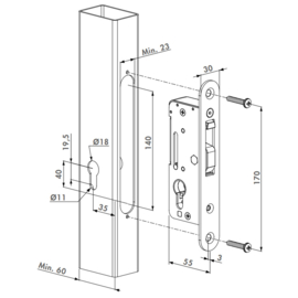 Roestvrijstalen insteekslot zonder krukken. Voor poortprofielen met een min. diepte van 60 mm Art. nr. HCOMPACT  (TH)