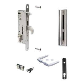 Insteek slotset (HMETAL) met aluminium vanger en krukken en kunststof afdekplaten - Cilinder 54 mm Art. nr. HMETALSET54M prijs per Set excl. BTW