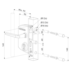 Locinox Industrieel poortslot opbouw - profiel mm - krukken 3006M en cilinder - RAL9005 Art. nr. LAKQ100100U2L9005  (TH)