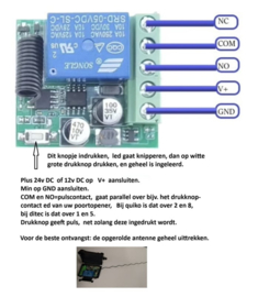 draadloze drukknop universeel, voor binnenshuis of in de auto ,zelfklevend, universeel, 433mhz met ontvanger. 5-30v DC. Art.nr 0809  (QU)