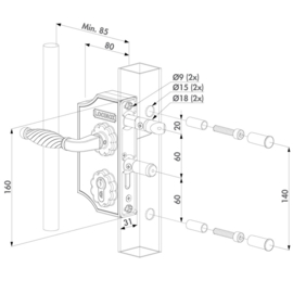Locinox Klein sierpoortslot opbouw - profiel 40-50 mm - Zamac krukken 3006FA en cilinder - RAL6005 Art. nr. LAKY4040F2L6005  (TH)