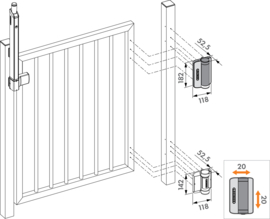 Locinox Hydraulische poortsluiter en scharnier gemonteerd met zelfborende schroeven voor vierkante profielen Art. nr. P00010387