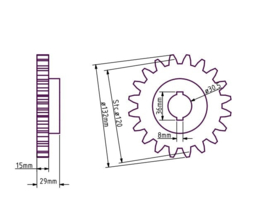 HERAS en B&G 6HERTW met 20 tanden vervanging voor kunststof tandwiel. Module 6.  (HO)