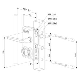 Locinox Dubbel industrieel poortslot opbouw - profiel 100 mm - krukken 3006M en cilinders.  (TH)