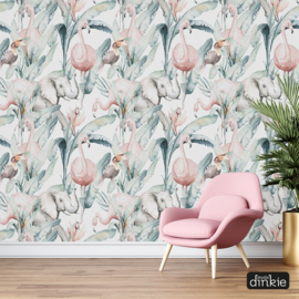 Behang Jungle tropic flamingo