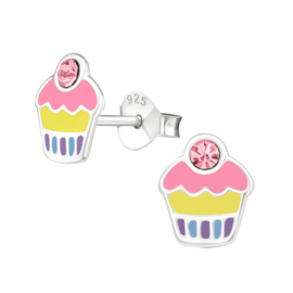 Cupcake roze/geel | 925 Sterling Zilver | Kinderoorbellen