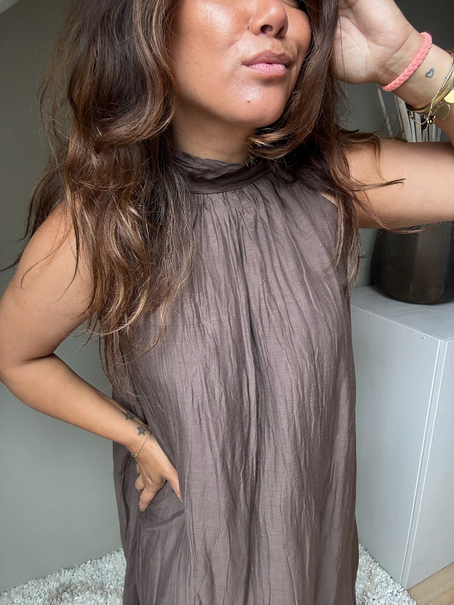Silk halter dress brown