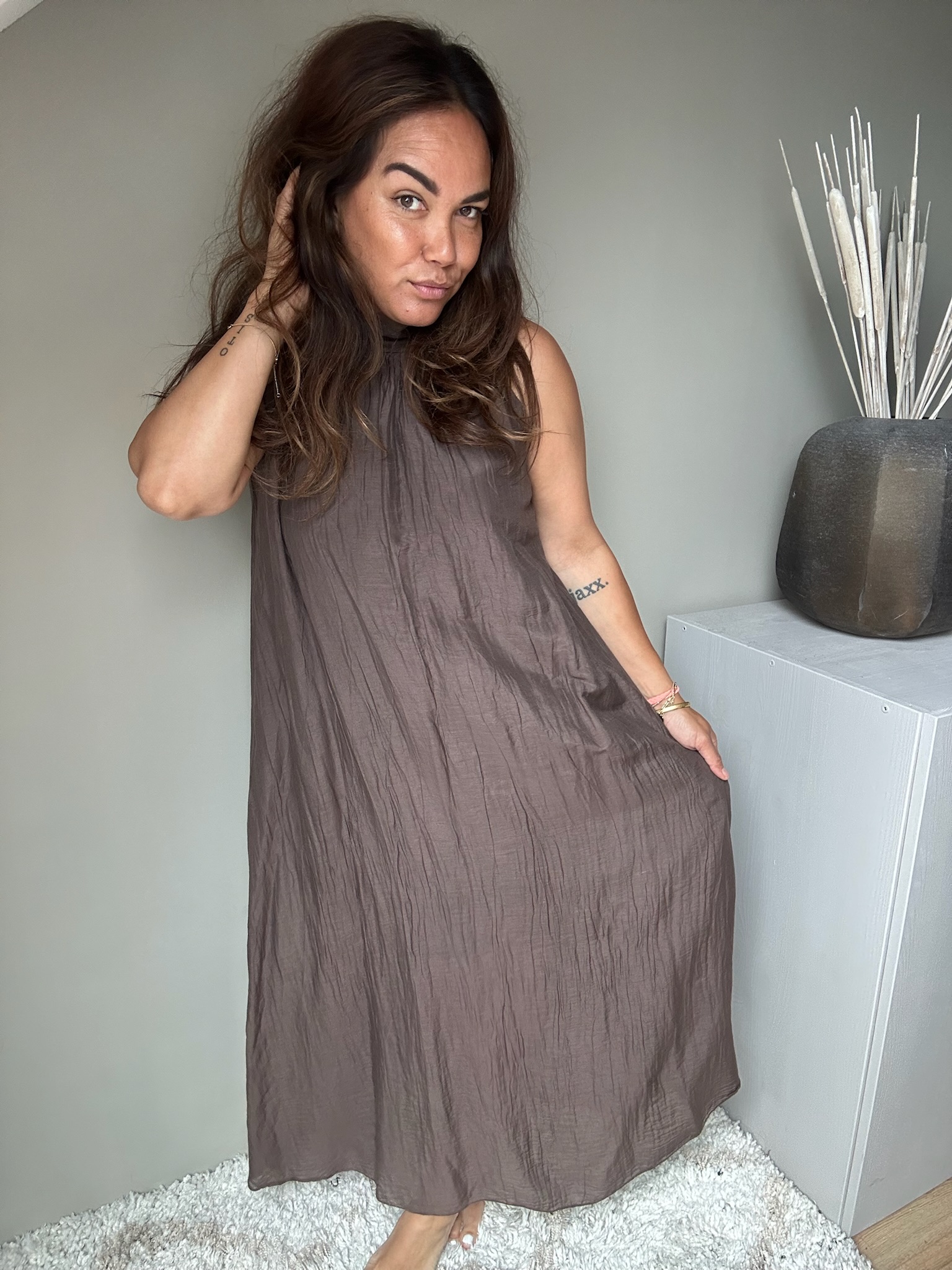 Silk halter dress brown