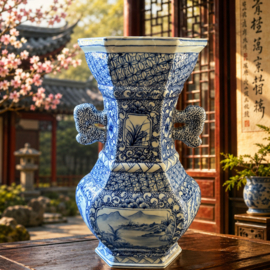 Antiek Chinese Blauw witte vaas met oren