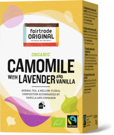 Biologische kruidenthee van kamille, lavendel, vanille en kaneel.