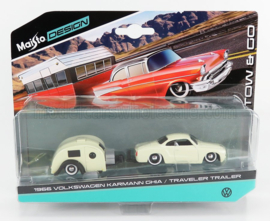 MAISTO - 1/64 - VOLKSWAGEN - KARMANN GHIA COUPE 1960 WITH TRAVEL TRAILER - CREAM