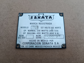 Type Plate (Wurlitzer 1050/ Sonata)
