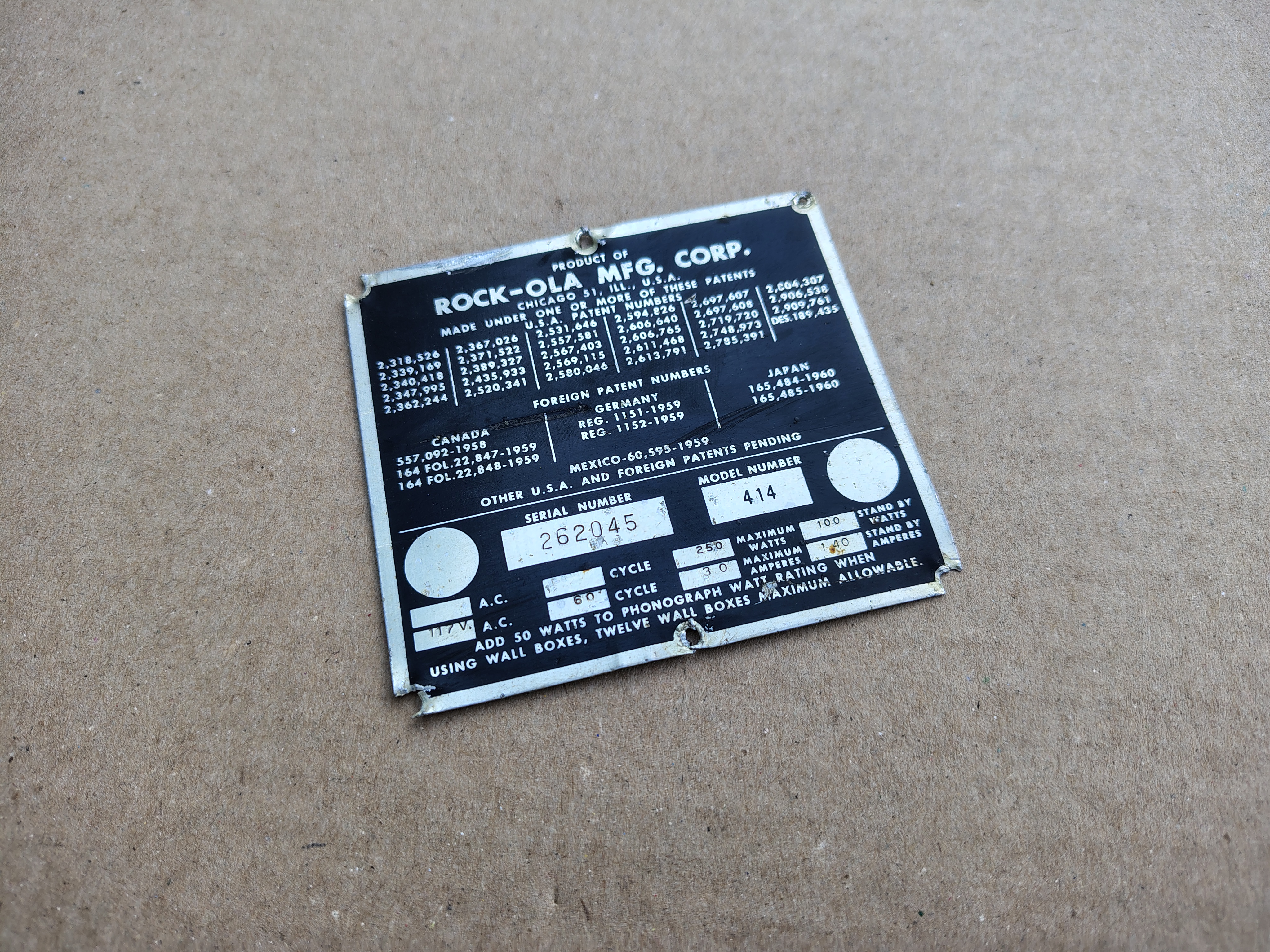 Type Plate (Rock-ola 414/ Capri II (1964)