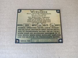 Type Plate (Wurlitzer 3800/ Americana)