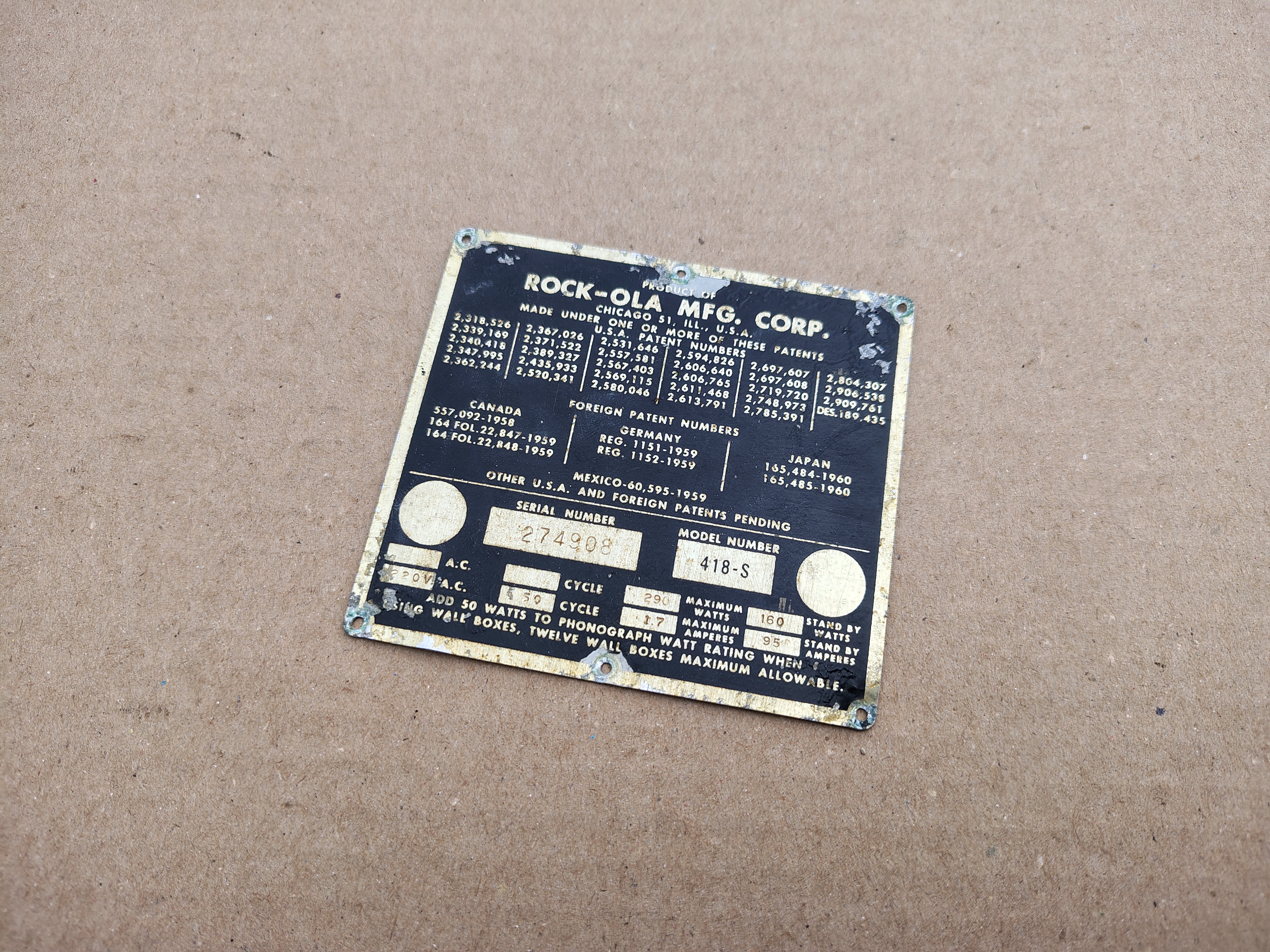 Type Plate  (Rock-ola 418S/ Rhapsody (1964)