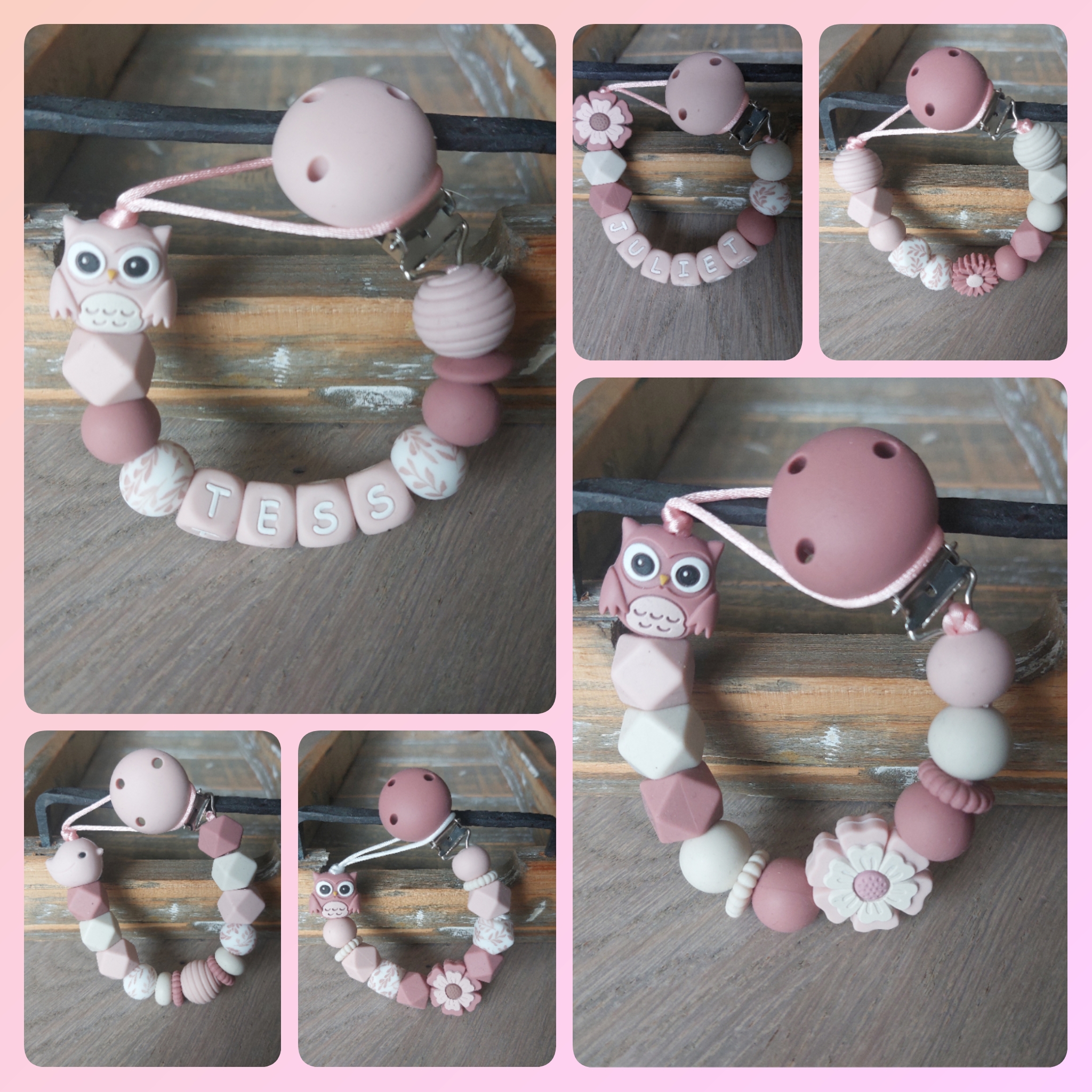 Speenkoord uil en bloem roze (wit koord)