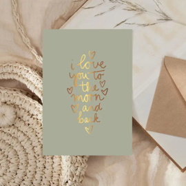 Kaartje 'Love you to the moon' (groen) | goudfolie