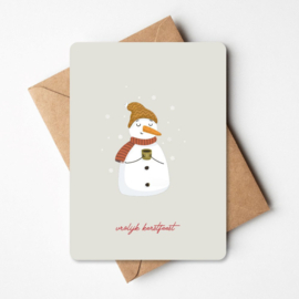Kerstkaartje 'Vrolijk kerstfeest' | sneeuwpop met koffie