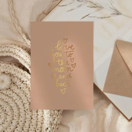 Kaartje 'Love you to the moon' (bruin) | goudfolie