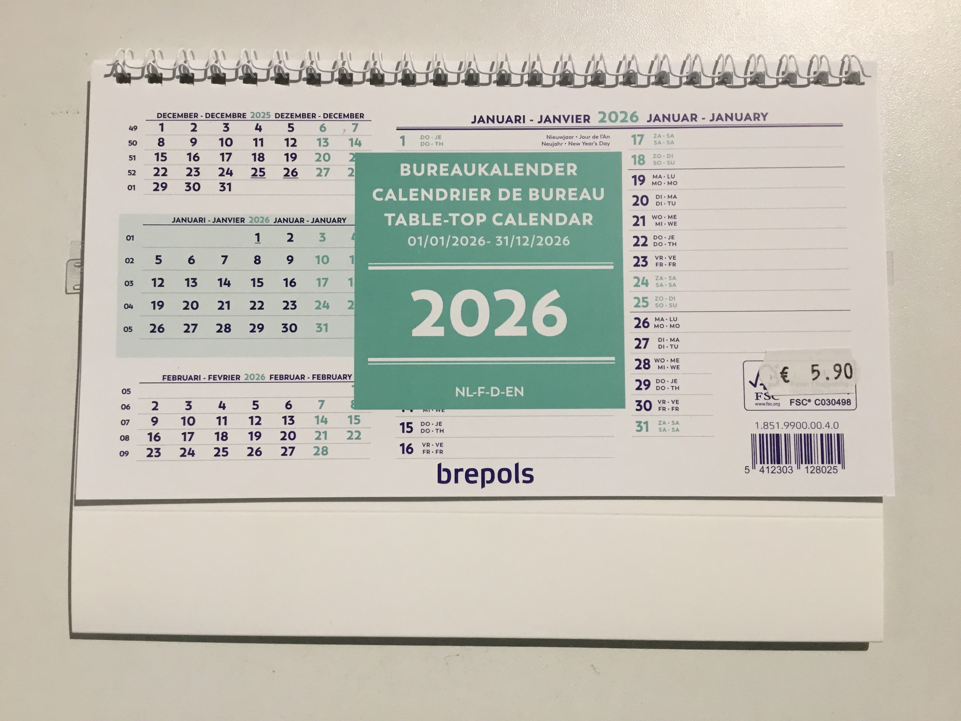 BUREAUKALENDER 2026 - 21 x 12,5