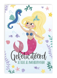 Felicitatiekaart Zwemdiploma Zeemeermin // Gefeliciteerd Diploma