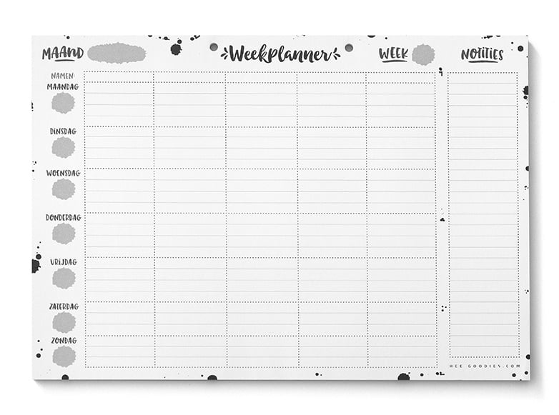 Weekplanner Papier A4 Zwart Wit // Familieplanner Gezinsplanner