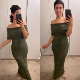 Gehaakte off shoulder jurk legergroen