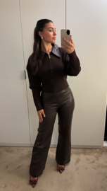 Vest met leer kraagje bruin