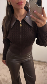 Vest met leer kraagje bruin