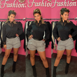Pied de poule short met leren details