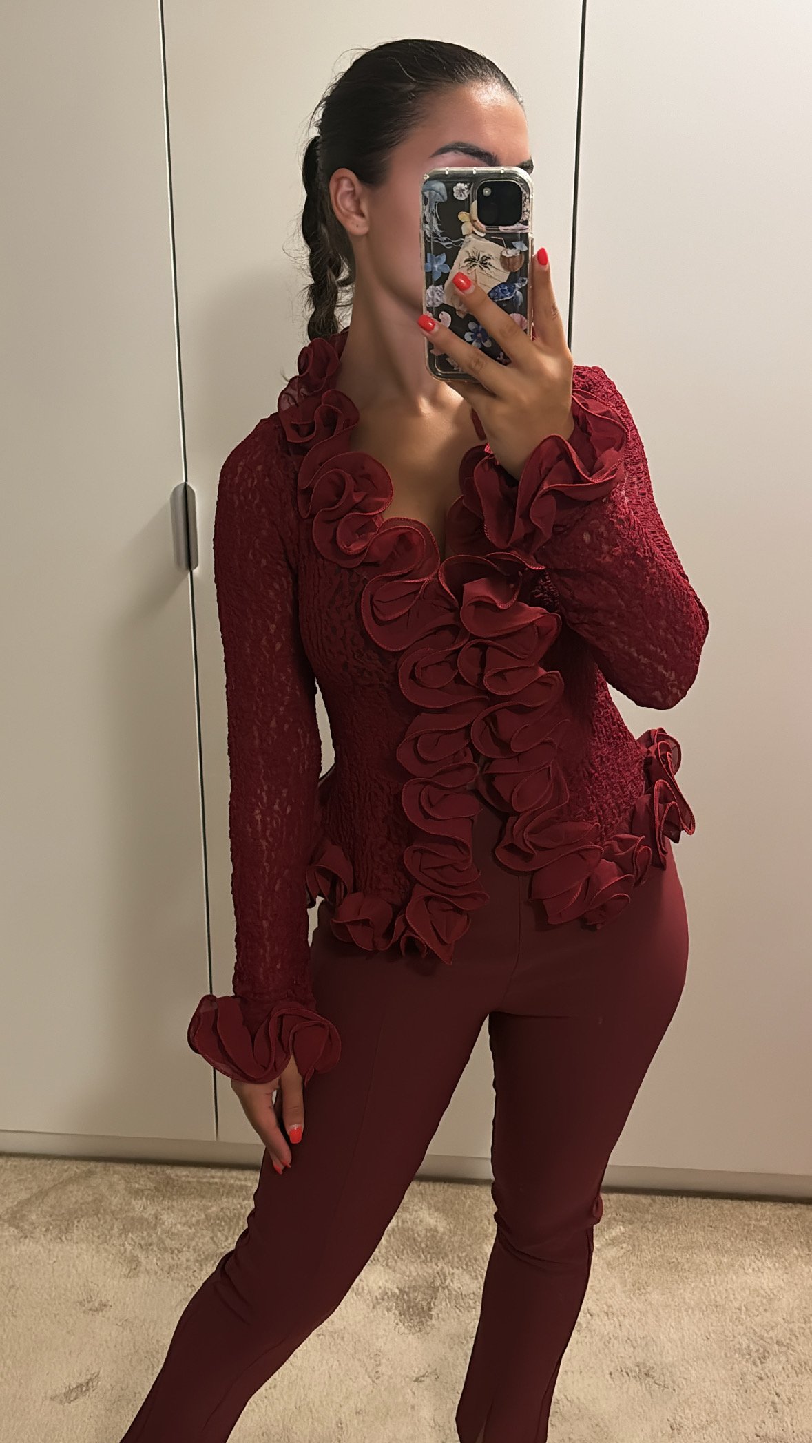 Blouse met kant en ruches bordeaux