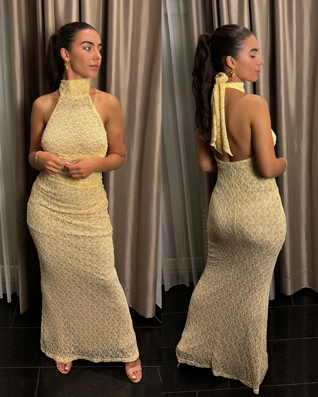 Maxi dress lace geel