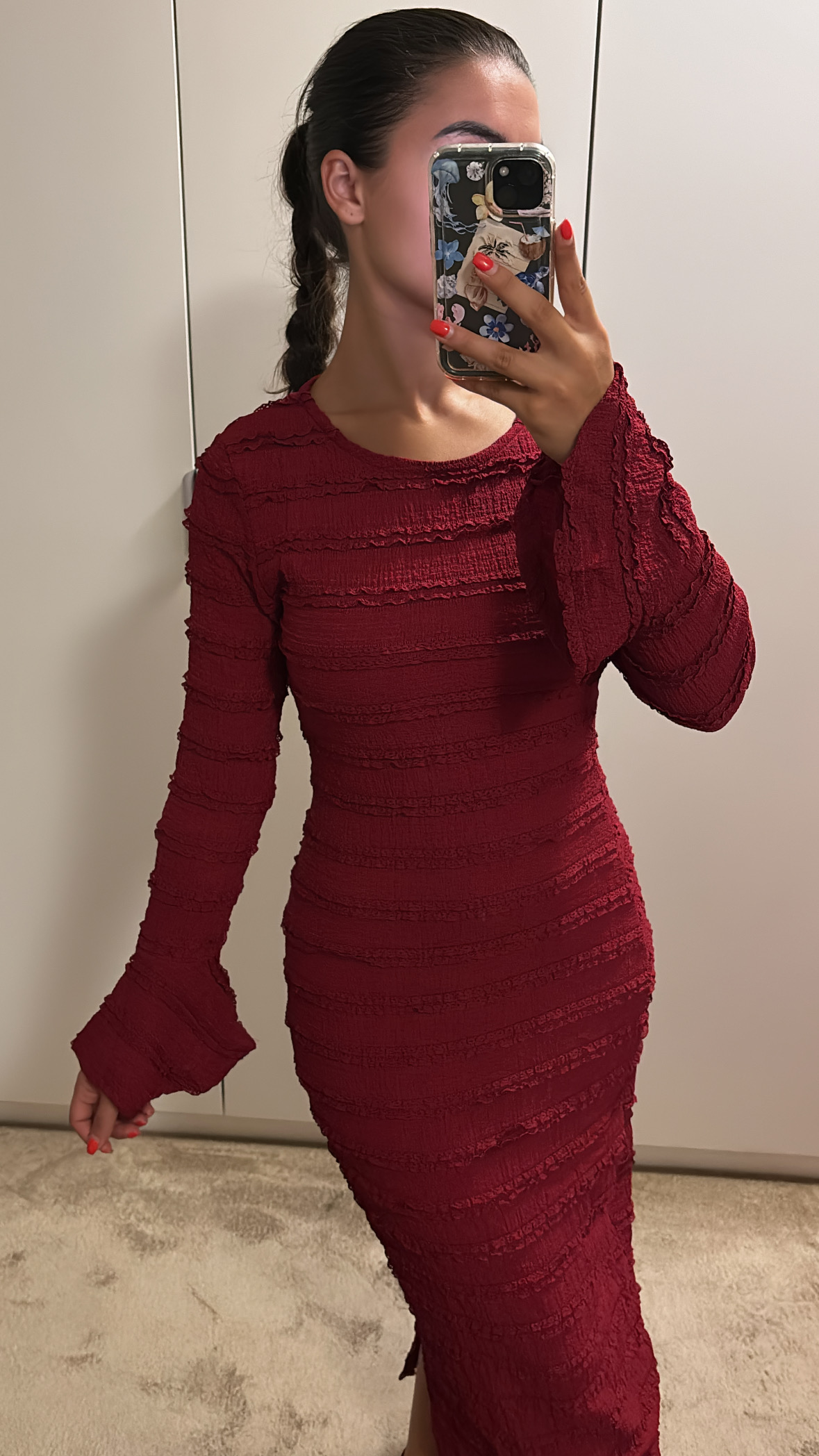 Maxi dress met klokmouw bordeaux