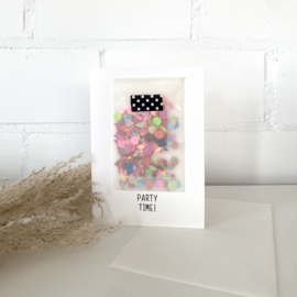 Special kaart - Party time + confetti - per 5 stuks