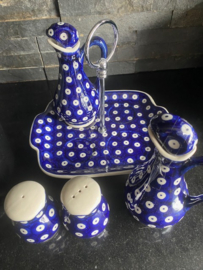 Setje voor Azijn, Olie en zout en Peper Fabriek Andy Blauw met witte stippen