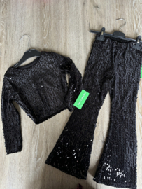 New Collection - Velours pailletten set met flared broek - zwart