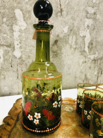 Vintage drink set, karaf met 6 glazen van groen glas.