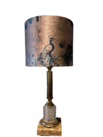 Vintage sfeerlampje / tafellampje met velours lampenkap pauw.