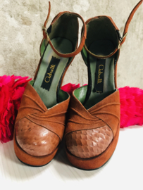 Exclusief Vintage couture schoenen sleehak bruin & slangenleder