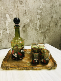 Vintage drink set, karaf met 6 glazen van groen glas.