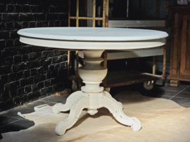 Prachtige Biedermeier ronde tafel lichtblauw met witte tafelpoot.