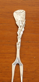 Pair of solid silver cocktail forks, floral (thistle) ornaments, Dutch hallmarks, ca 1950's