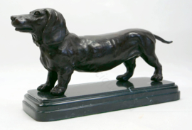 Antique bronze dachshund dog sculpture figurine on marble base, ca. 1920