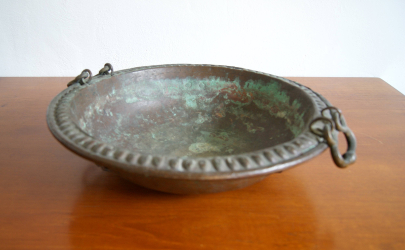 Antique 18th century round copper brasero brazier, fire dish, with handles, handmade