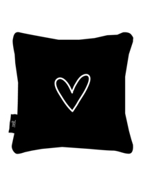 Buitenkussen zwart met tekst "Thuis - hier woont ons geluk"