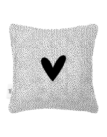 Buitenkussen wit met zwart hart en dots patroon