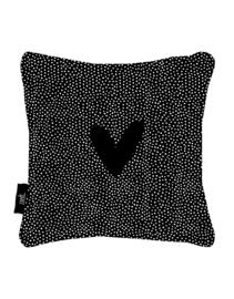 Buitenkussen zwart met hart en dots patroon