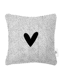 Buitenkussen wit met zwart hart en dots patroon