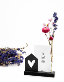 Kaarthouder met vaasje en houten kaartje